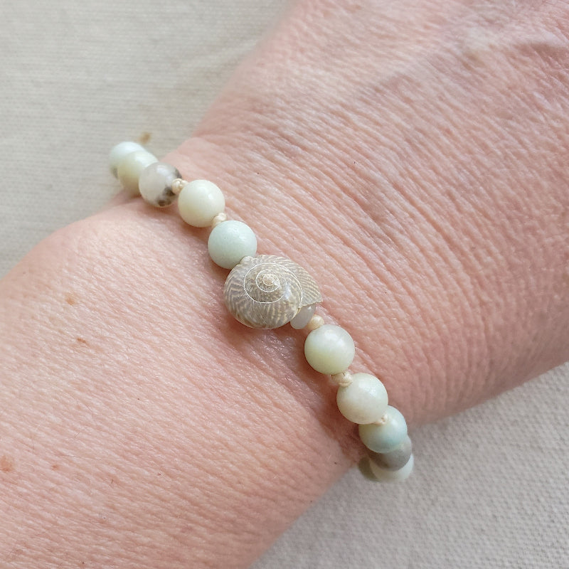 Amazonite and shell bracelet on model