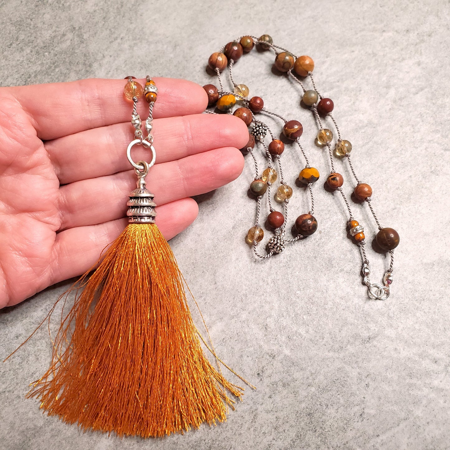 Multi Bead Silk Knotted Tassel Necklace