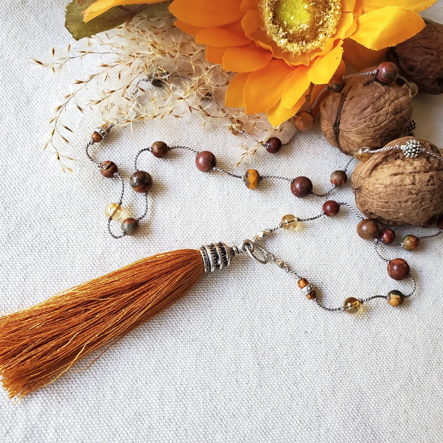 Multi Bead Silk Knotted Tassel Necklace