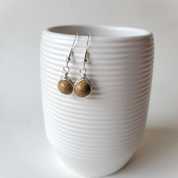 Picture Jasper herringbone wrap earrings hanging