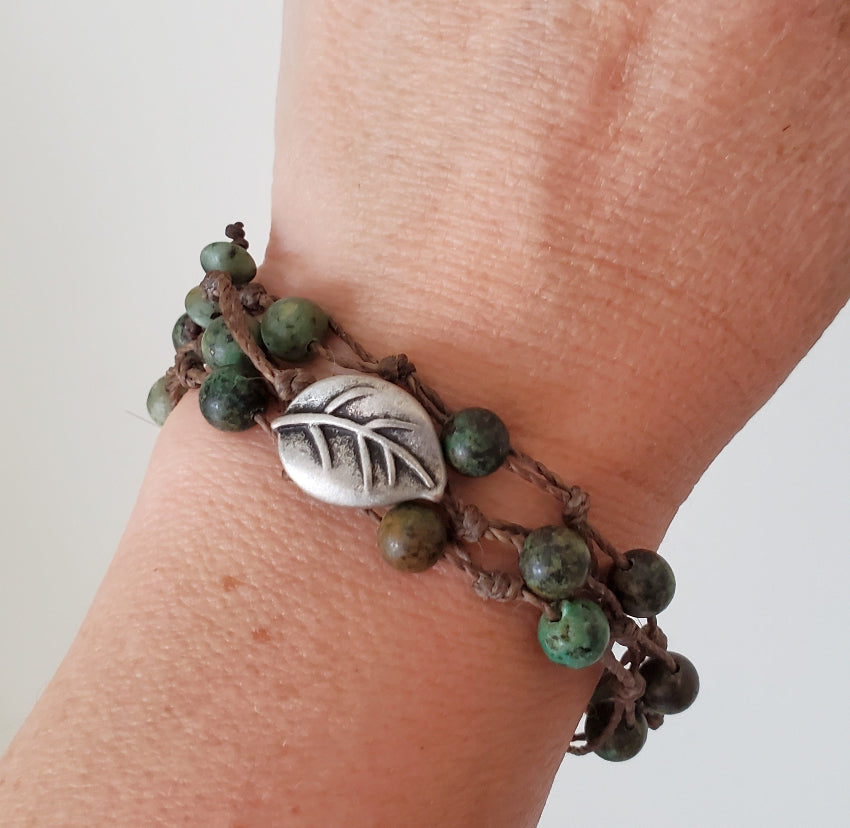 African Turquoise 3 wrap bracelet on model