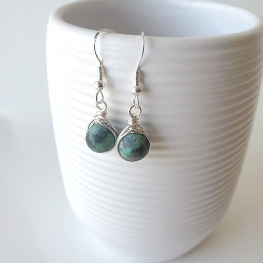 African Turquoise herringbone wrapped earrings hanging