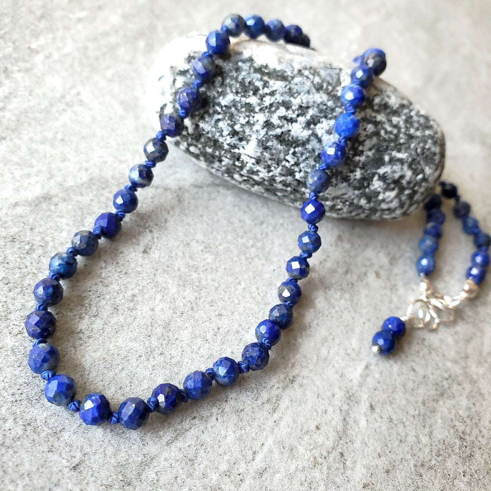 Faceted lapis lazuli knotted necklace