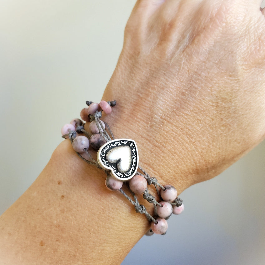 Pink Zebra Jasper 3 wrap bracelet on model
