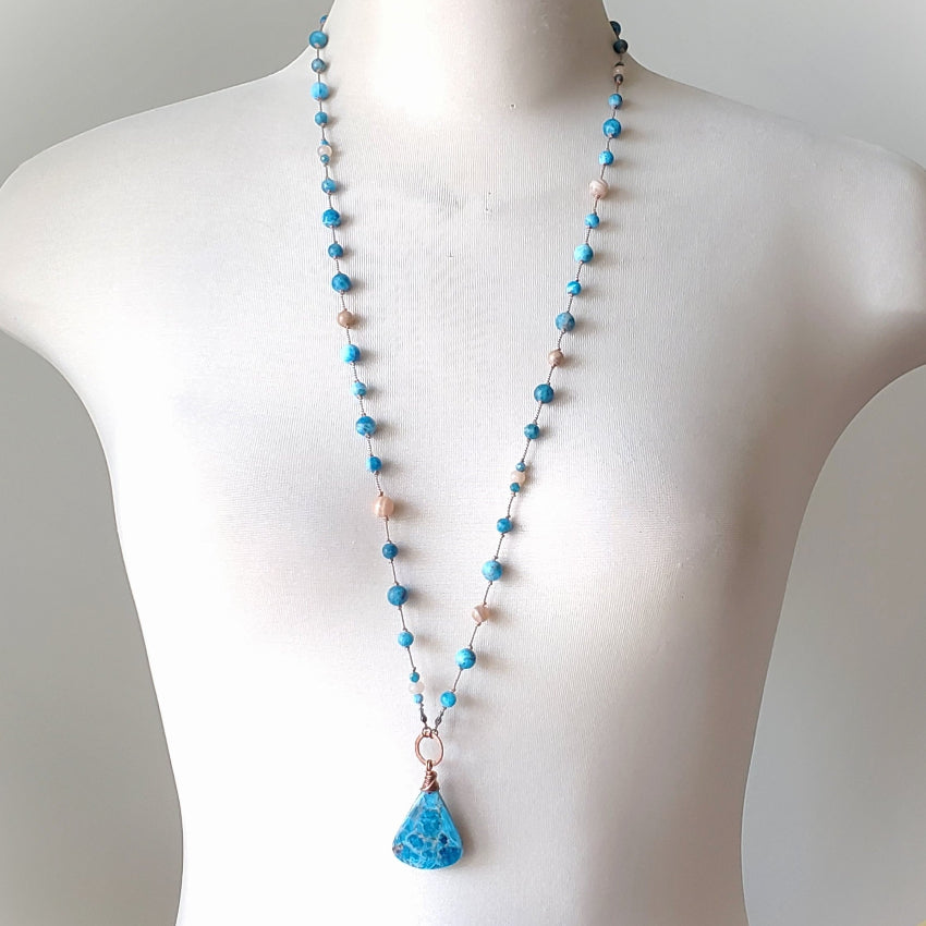 Blue Apatite and Sunstone Knotted necklace on bust