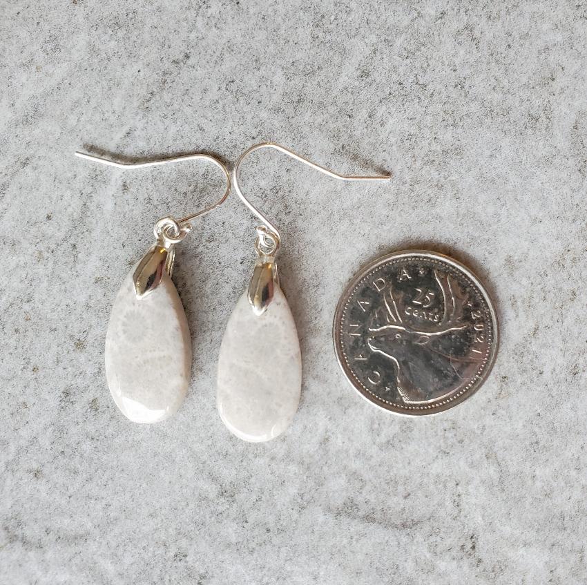 Fossil coral teardrop sterling silver earrings beside a quarter