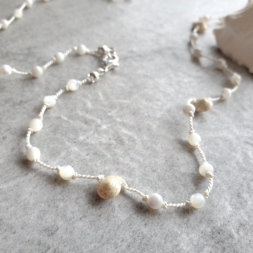 Mother of pearl and shell hand knotted necklace close up