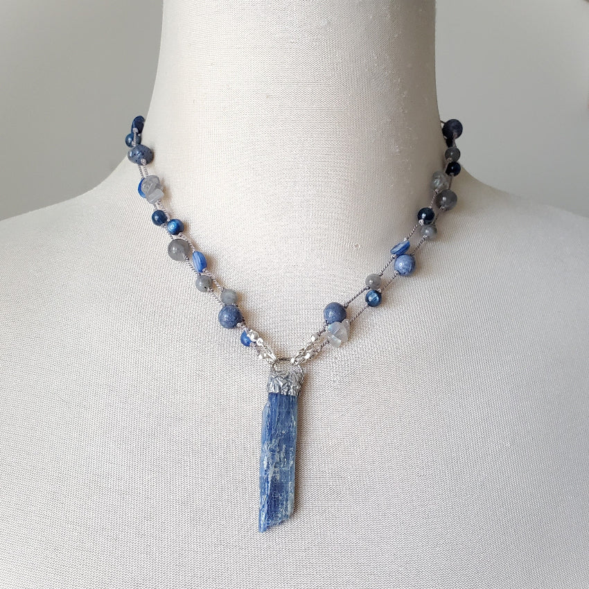 Blue Kyanite Labradorite long knotted necklace on bust