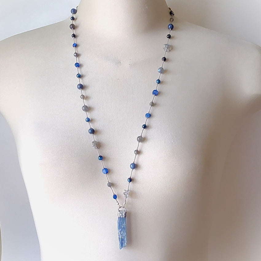 Blue Kyanite Labradorite long knotted necklace on bust