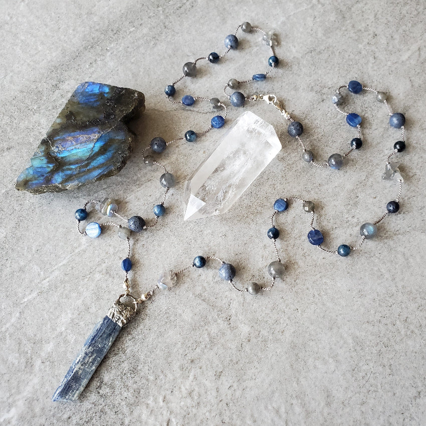 Blue Kyanite Labradorite long knotted necklace on tile