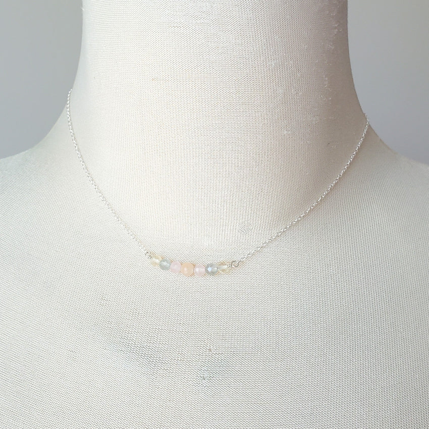 Multi gemstone bar sterling silver necklace on bust