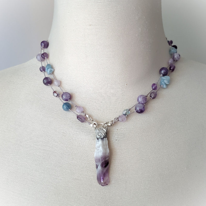 Amethyst and Aquamarine double strand necklace on bust