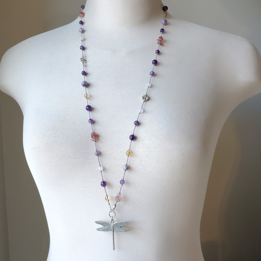 Wildflower Long Hand knotted Multi Gemstone Necklace