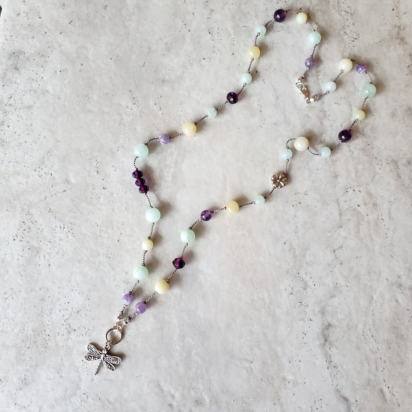 Hand knotted Multi Gemstone Dragonfly Necklace