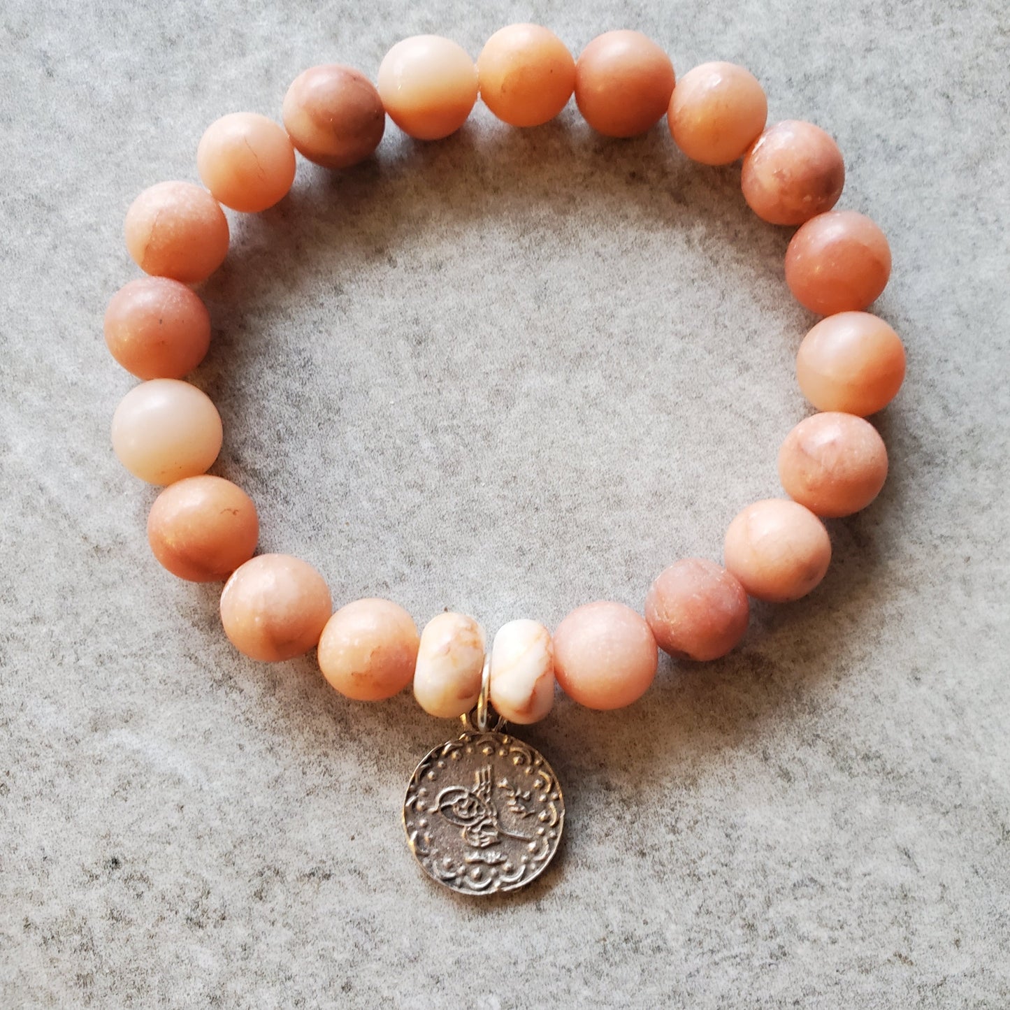 Pink Aventurine silver coin charm stretch bracelet