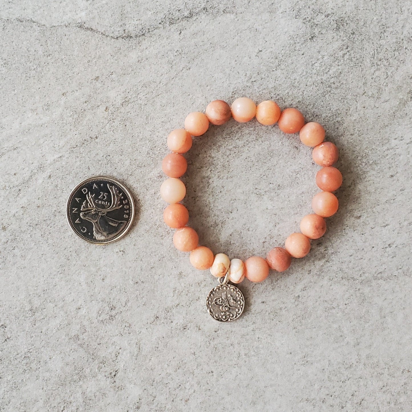 Pink Aventurine silver coin charm stretch bracelet