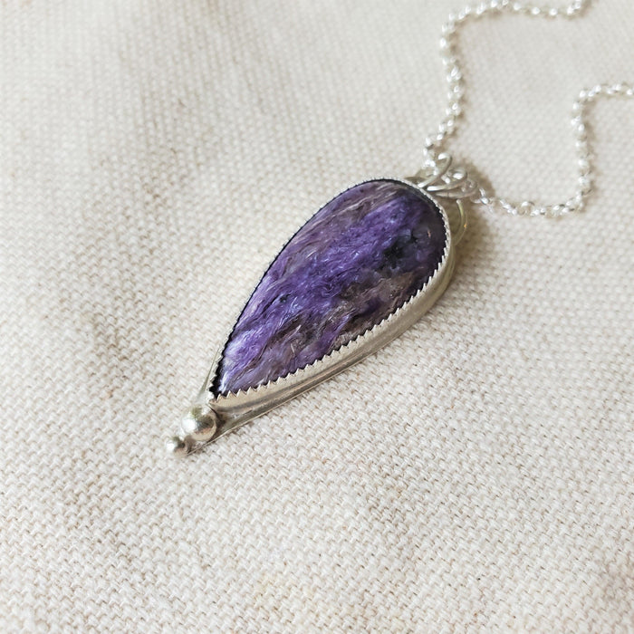 Silversmith Charoite teardrop pendant in sterling silver