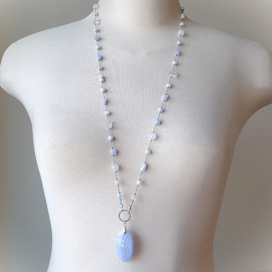 Multi Gemstone long knotted necklace on bust