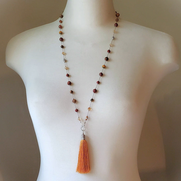 Multi Bead Silk Knotted Tassel Necklace