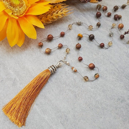 Gemstone hand knotted necklace with tassel