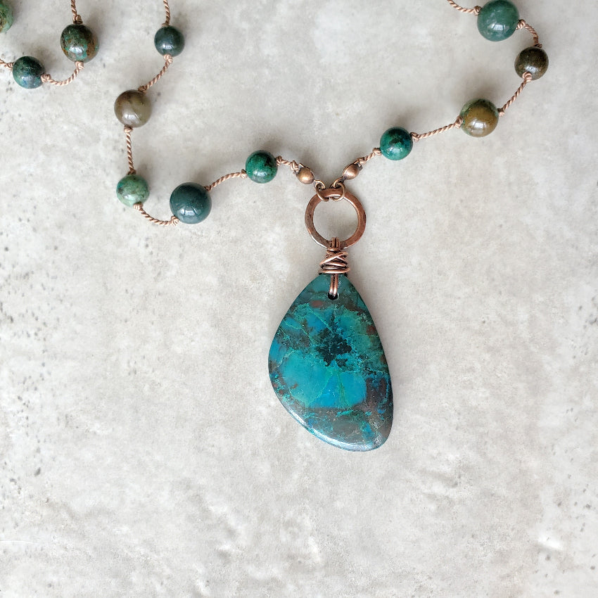 Azurite & Chrysocolla silk knotted necklace on tile
