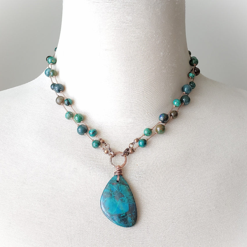 Azurite & Chrysocolla silk knotted necklace on bust