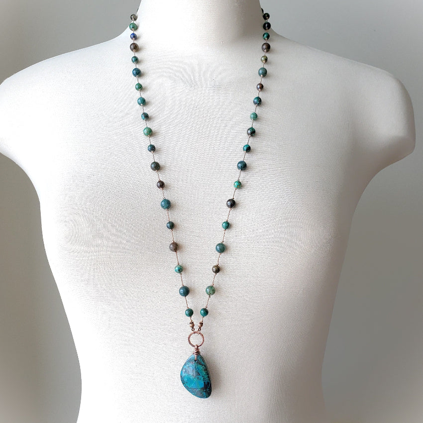 Azurite & Chrysocolla silk knotted necklace on bust