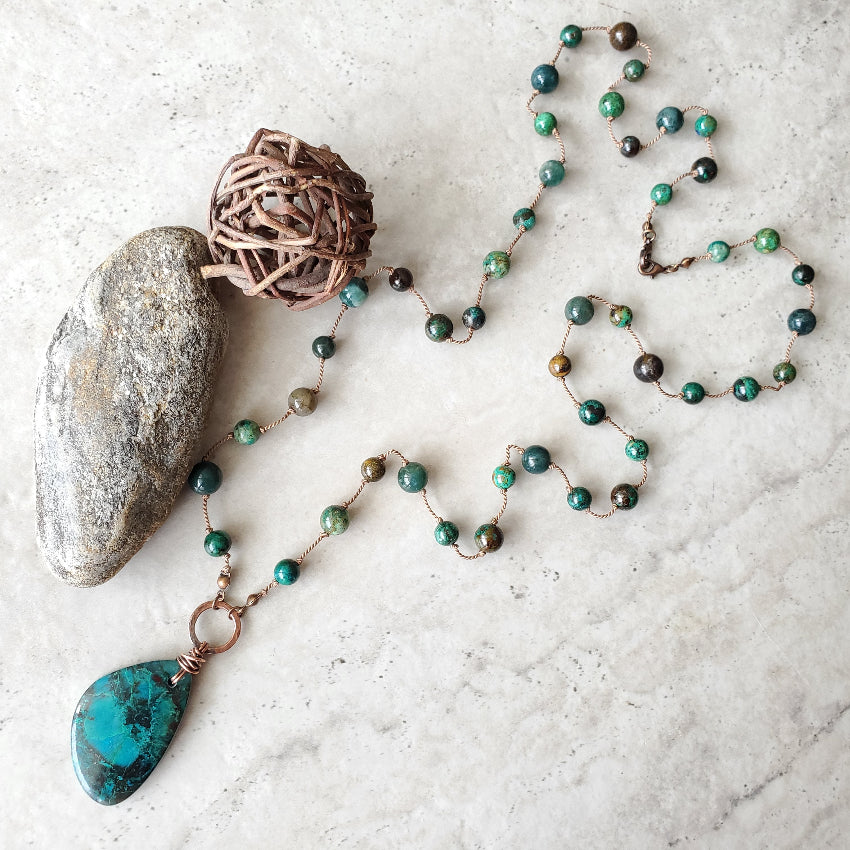 Azurite & Chrysocolla silk knotted necklace on tile