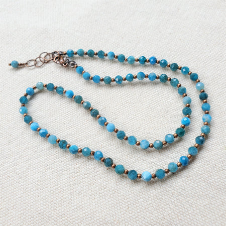 Faceted Blue Apatite & copper necklace on linen