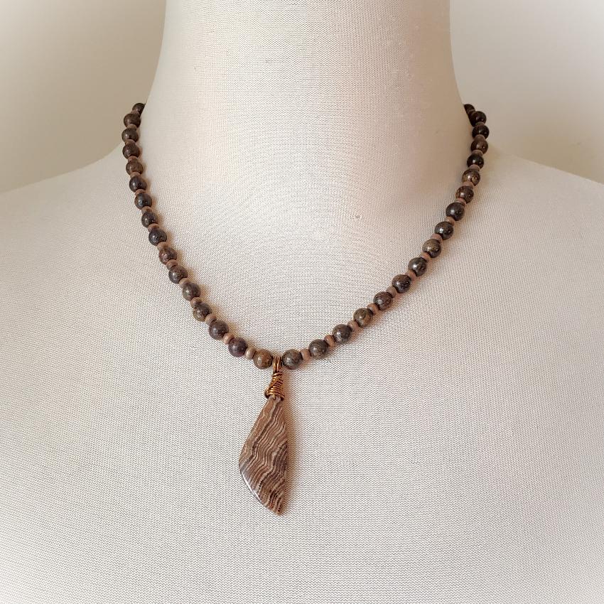 Bronzite and Aragonite chunky necklace on bust