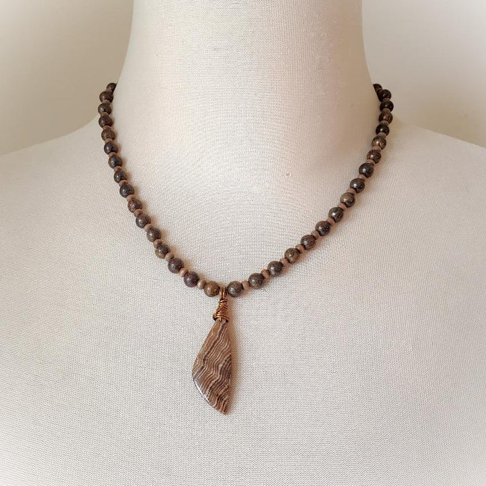 Bronzite and Aragonite chunky necklace on bust