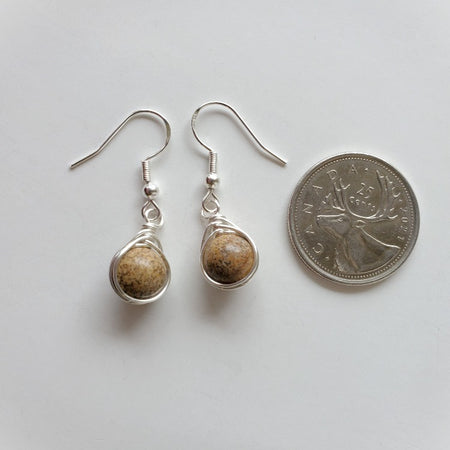 Picture Jasper herringbone wrap earrings beside a quarter