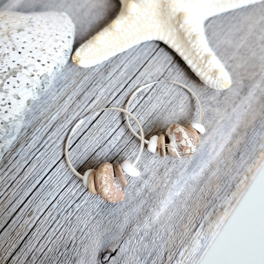 silver hoop earrings with natural shell