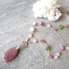 Strawberry Quartz multi gemstone knotted necklace on tile