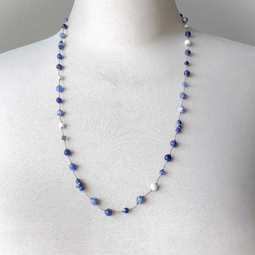 Silk knotted Sodalite necklace on bust 