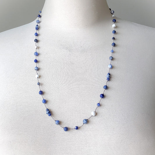 Silk knotted Sodalite necklace on bust 