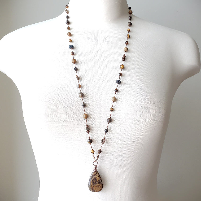 Stromatolite Multi Gemstone Long Knotted Necklace