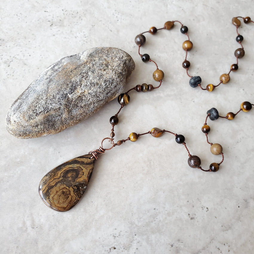 Stromatolite Multi Gemstone Long Knotted Necklace