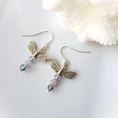 Faceted Fluorite dragonfly earrings on white