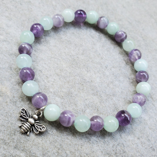 Amethyst Burma jade stretch bracelet with bee charm