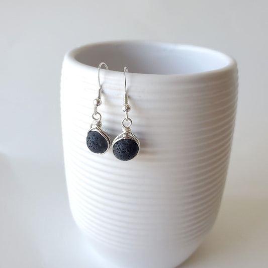 Black Lava herringbone wrapped earrings hanging