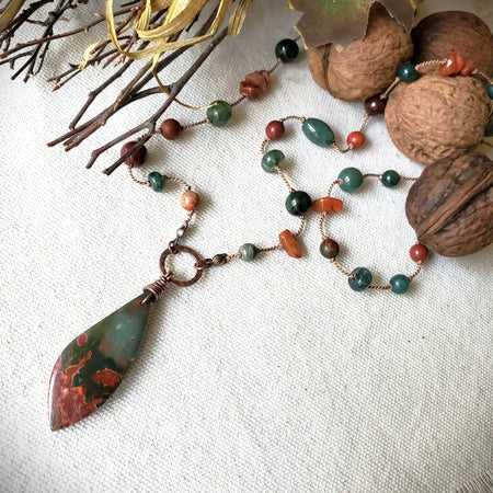 Hand knotted Jasper and Moss Agate necklace on linen
