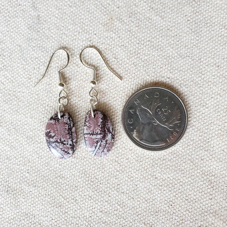 Chohua Jasper freeform earrings beside a quarter
