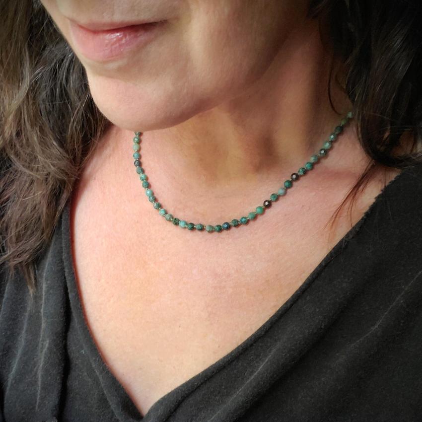 4mm faceted Chrysocolla knotted necklace on model