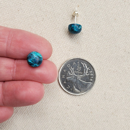 chrysocolla 8mm stud earrings in hand
