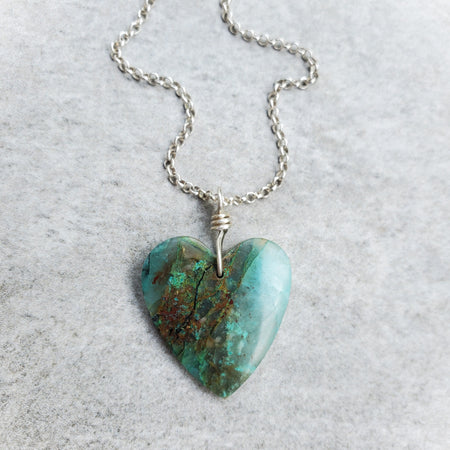 chrysocolla heart sterling pendant necklace in hand