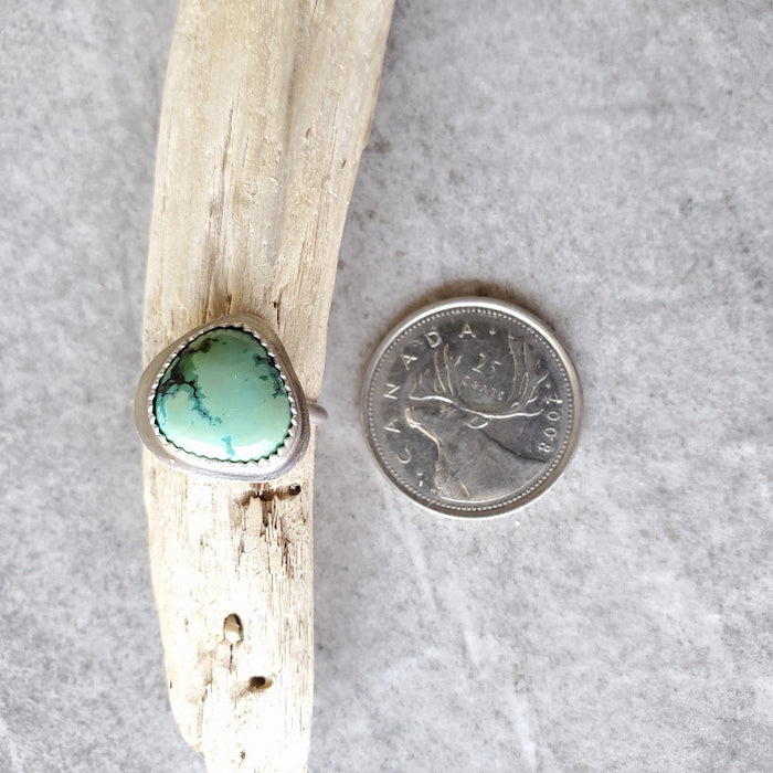 Tibetan Turquoise silversmith ring beside a quarter