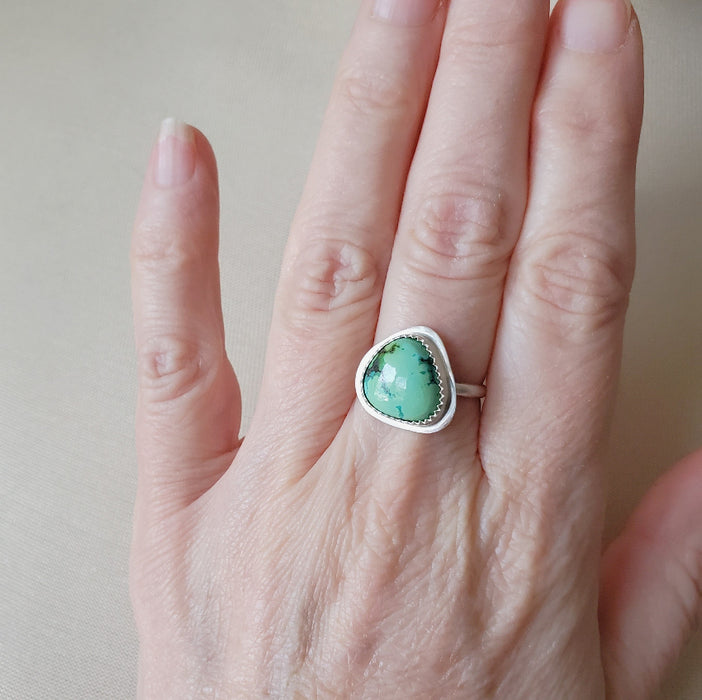 Tibetan Turquoise silversmith ring on model