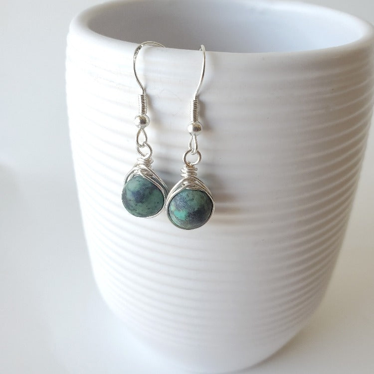 African Turquoise herringbone wrapped earrings hanging