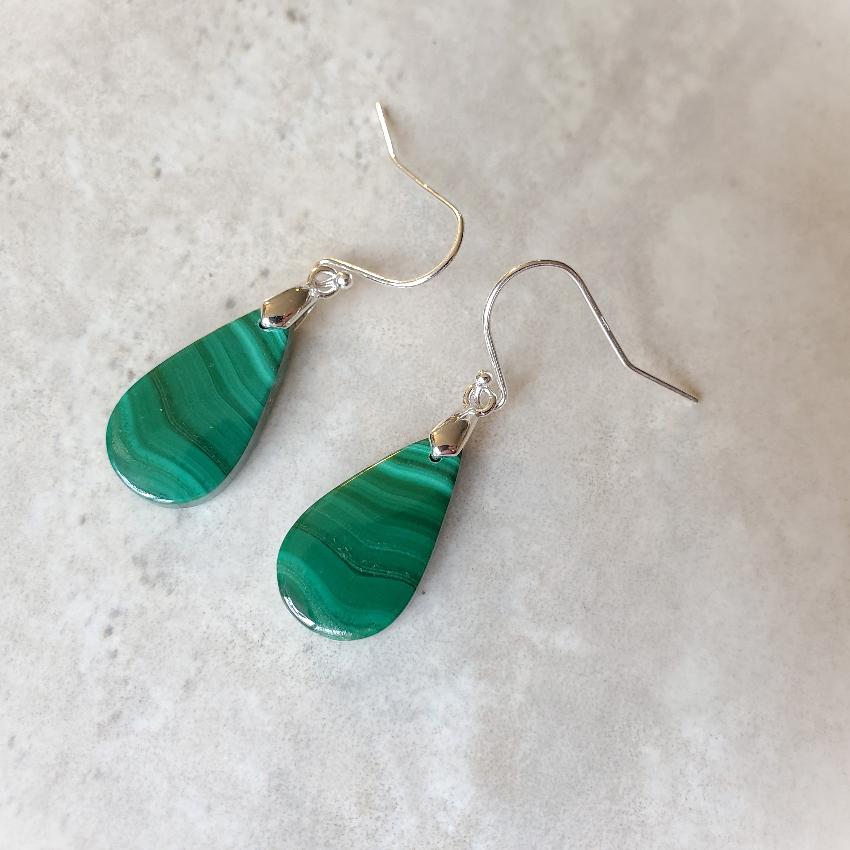 Good Handmade Silver Earrings-Earrings with Malachite-Gemstone Earrings-Malachite-Gold Plated Earrings-Malachite-Teardrop Shape